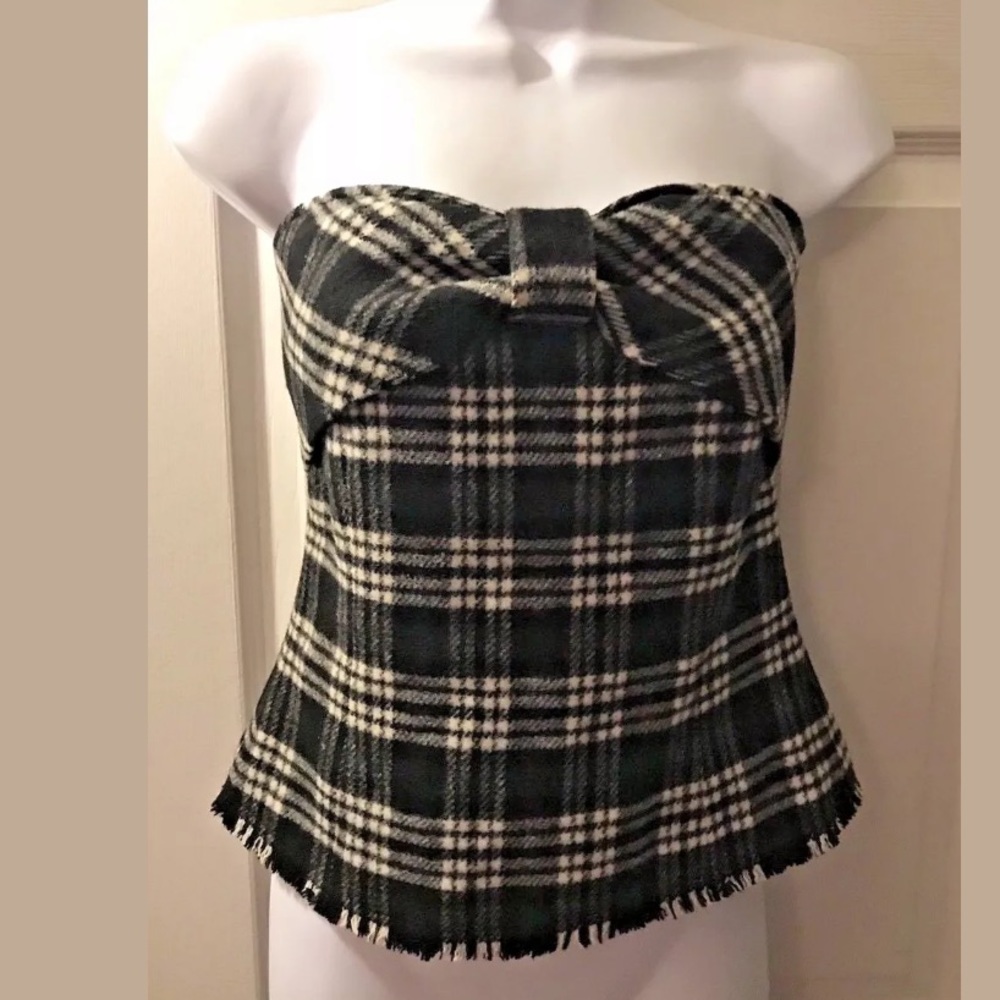 GAY GIANO Plaid Strapless Top Tartan Wool Shirt Bow Corset Fringe Vende Moda